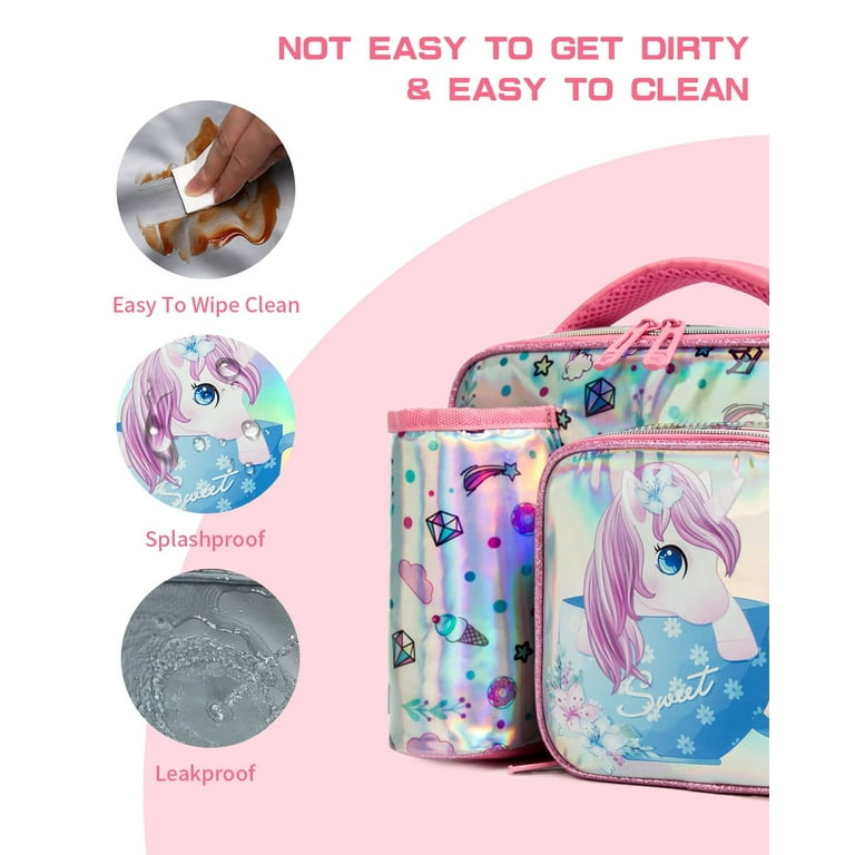 Kids Lunch Box Girls Set - Unicorn Lunch Bag for School with Containers  Reusable Complete Lunch Kit Included 3-Compartment Lunchbox Insulated Lunch