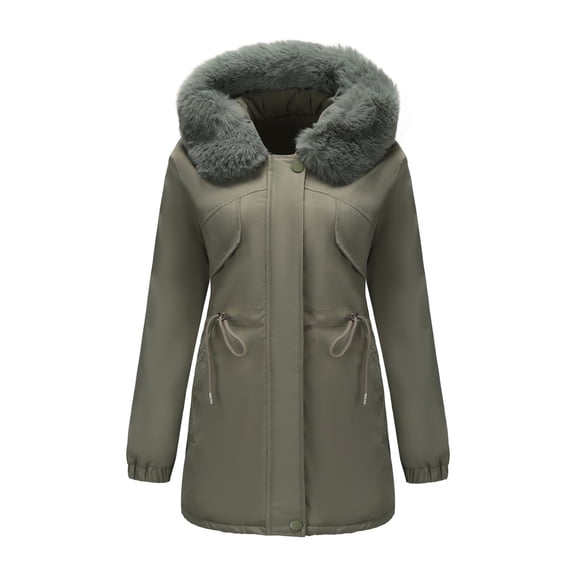 Women's Winter Cotton Coat with Removable Hood Fur Collar Thickened Warm Jacket, Army Green, Size L