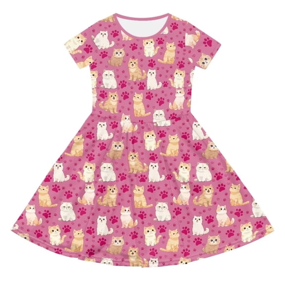 Oiyii Girls Casual Dresses Cute Cats Print Short Sleeve Crewneck Dress, Sizes 4-14Y
