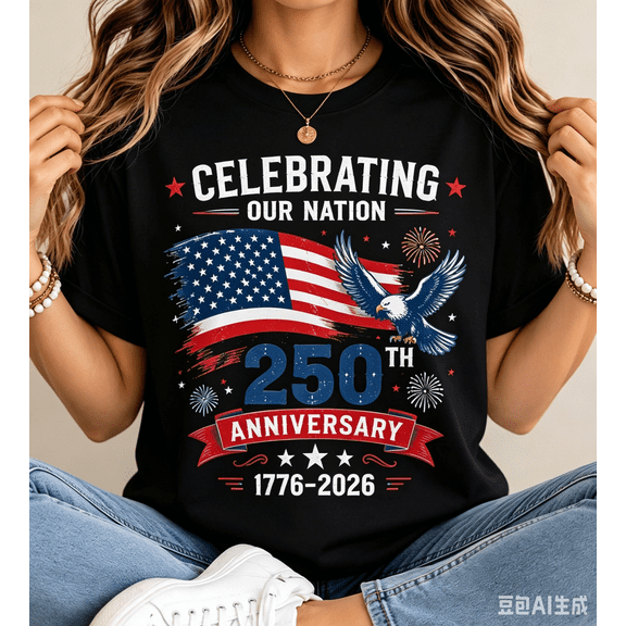 1776-2026 America 250th Anniversary Short Sleeve Tee, Fourth of July Eagle Flag Fireworks Patriotic Cotton T-Shirt