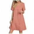 thumbnail image 1 of Admvng Robes d'Été pour Femmes Été Col en V Couleur Unie Décontractée Taille Haute Manches Courtes Robe de Vacances P-2TG, 1 of 8