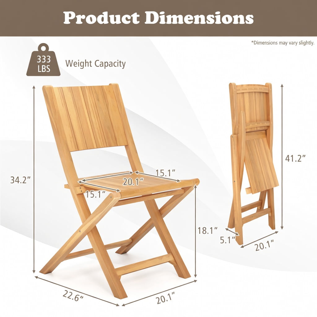 Hommoo 2-Pack Teak Wood Outdoor Dining Chairs, Foldable Slatted Seat, Ergonomic 105° Backrest, No Assembly Required for Patio, Porch & Garden, Natural
