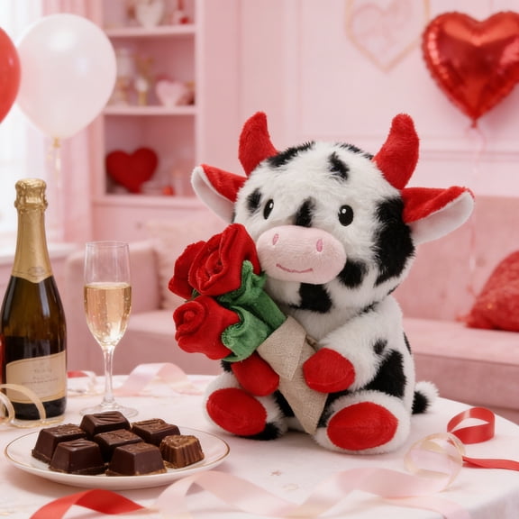 Mother's Day Spotted Calf Plush Ornament with Bouquet, Soft Short Plush Fabric 3D Floral Bouquet Detail, Romantic Floral Calf Decor, Exquisite Plush Gift for Home Tabletop Decor Gifting