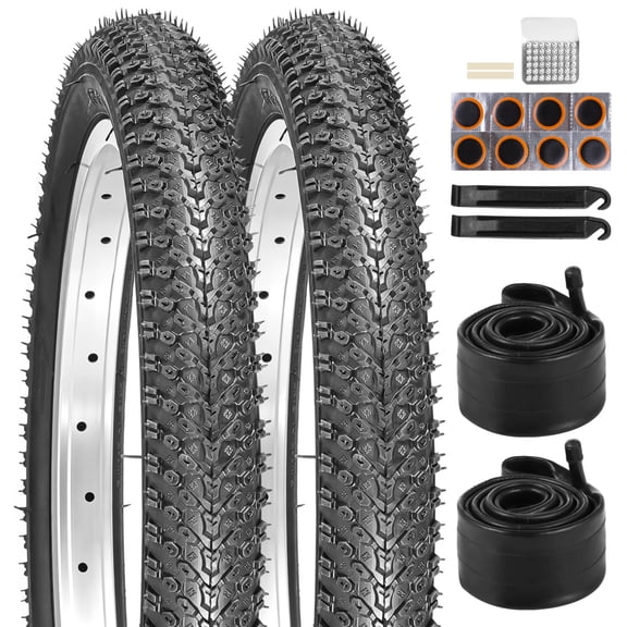2 PCS 16x2.215 in Mountain Bike Tire Set, Knobby Bicycle Tires, Shock Absorbing Rubber Replacement, 32 mm AV Valve Inner Tubes with Repair Kit, Stable Grip Cycling Upgrade for Young Rider Bikes