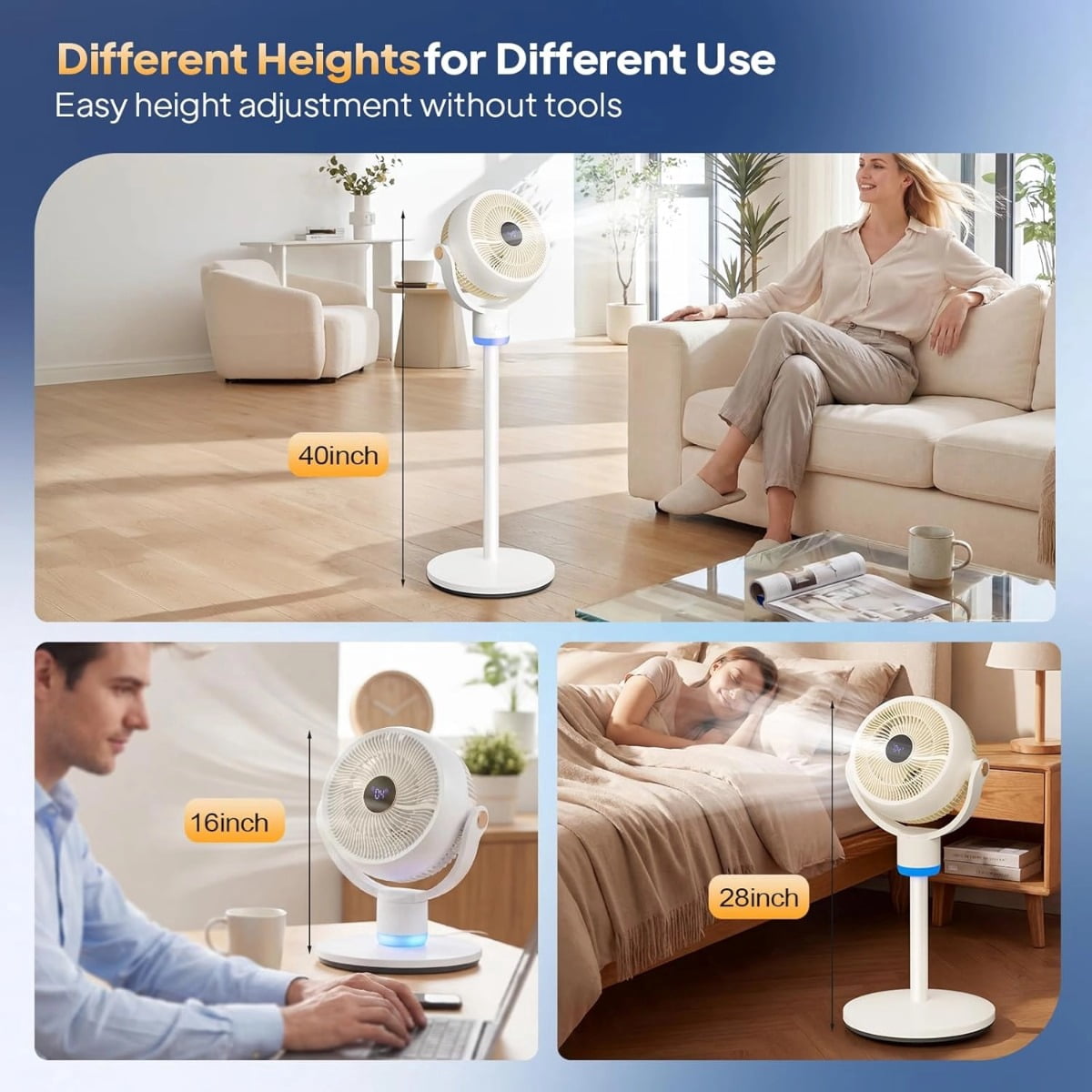 Ktaxon 40inch Standing Fan for Bedroom, 120°+90°Omni-directional Oscillating Fan, 3-in-1 Pedestal & Tabletop Fan with 3 Speeds, 12H Timer, Remote and Adjustable Height, Air Circulator Fan, White