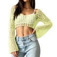 thumbnail image 2 of Womens Fishnet Crochet Crop Top Long Sleeve See Through Hollow Out Mesh Bikini Cover Ups Yellow XL, 2 of 6