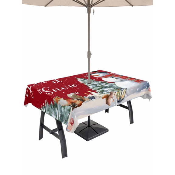 Outdoor Tablecloth with Umbrella Hole and Zipper, Red Snowman Christmas Rectangle Table Cloth 54x80 Inch Waterproof Tablecloth, Xmas Tree Snowflake Gifts Picnic Table Cover for Patio Camping