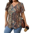 thumbnail image 2 of Womens Plus Size Tunic Tops Summer Short Sleeve V Neck Floral Blouse Casual Loose Fit Pleated Button Down Dressy T Shirts for Work, Travel & Everyday Wear, 2 of 6