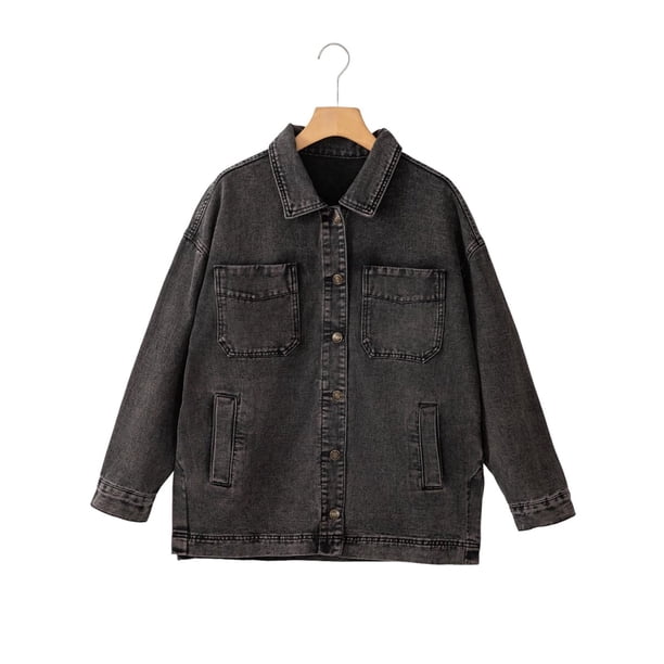 Chaqueta Vaquera de Mujer Oversize Estilo Boyfriend con Botones, Larga y Abertura Lateral. Chaqueta Vaquera Zimbaplatinum. Gris L