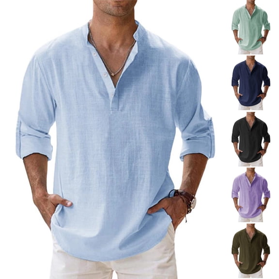 HAJWOH Men's Cotton Linen Henley Shirt Long Sleeve Hippie Tops Casual Beach Blouse Summer Loose Band Collar Basic Tees