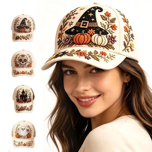 Women's Baseball Cap 2D Halloween Pumpkin Witch Ghost Embroidered Sun Hat