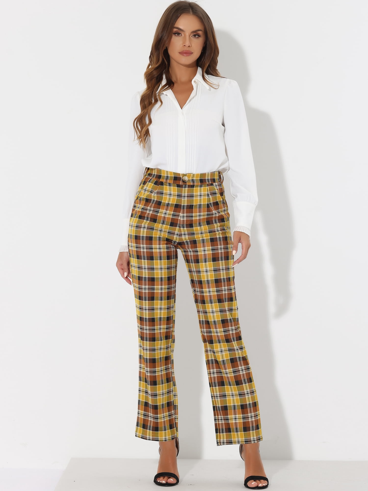 DARING DIVA Women's Plaid Trousers Pockets Straight Leg Casual Pant M Yellow