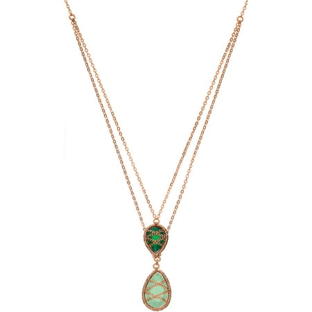 5th & Main Rose Gold over Sterling Silver Hand-Wrapped Double Chain Chalcedony and Peridot Stone Pendant Necklace