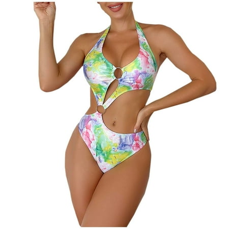 Taqqpue Women s One Piece Swimsuit Sexy O-Ring Cutout Halter One Piece Swimsuit High Cut Bathing Suit Floral Monokini Swimwear