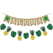 Burlap Banner, Hawaiian Theme Pineapple Turtle Leaf Decorative Flag Banner for Hawaiian Summer Party, Set B Section