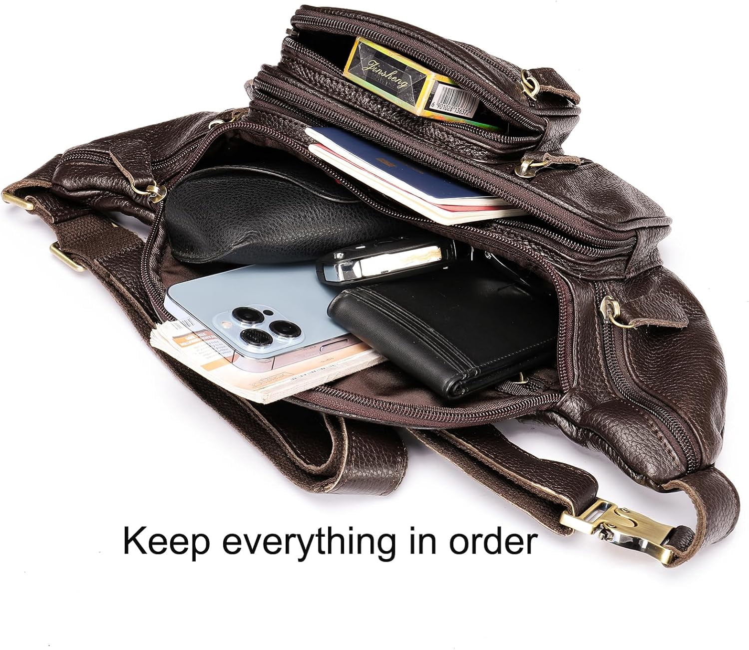 MARRANT Genuine Leather Fanny Pack for Men, Large Capacity Crossbody Waist Bag with Multiple Zipper Pockets, Coffee