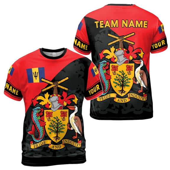Custom Name Pride and Industry Barbados Flag Coat of Arms Men's T-shirt S-5XL