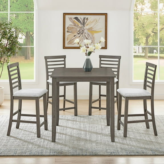 UHOMEPRO 5 Piece Dining Table Set, Farmhouse Bar Table and Chairs Set with 4 Fabric Upholstered Chairs, Wooden Kitchen Table Set for 4, Small Dining Room Set for Bar Dining Room Breakfast Nook, Gray