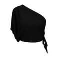 thumbnail image 7 of Women's One Shoulder Tops Short Sleeve Crop Top with Tie Side Textured Breathable Summer Blouse Black M, 7 of 7