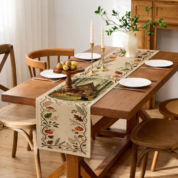 Rdsfhsp Autumn Cottage Linen Table Runner 13x72 Inch, Pumpkin House Botanical Pattern Table Runner for Dining Table Decor, Rustic Fall Farmhouse Kitchen Decoration