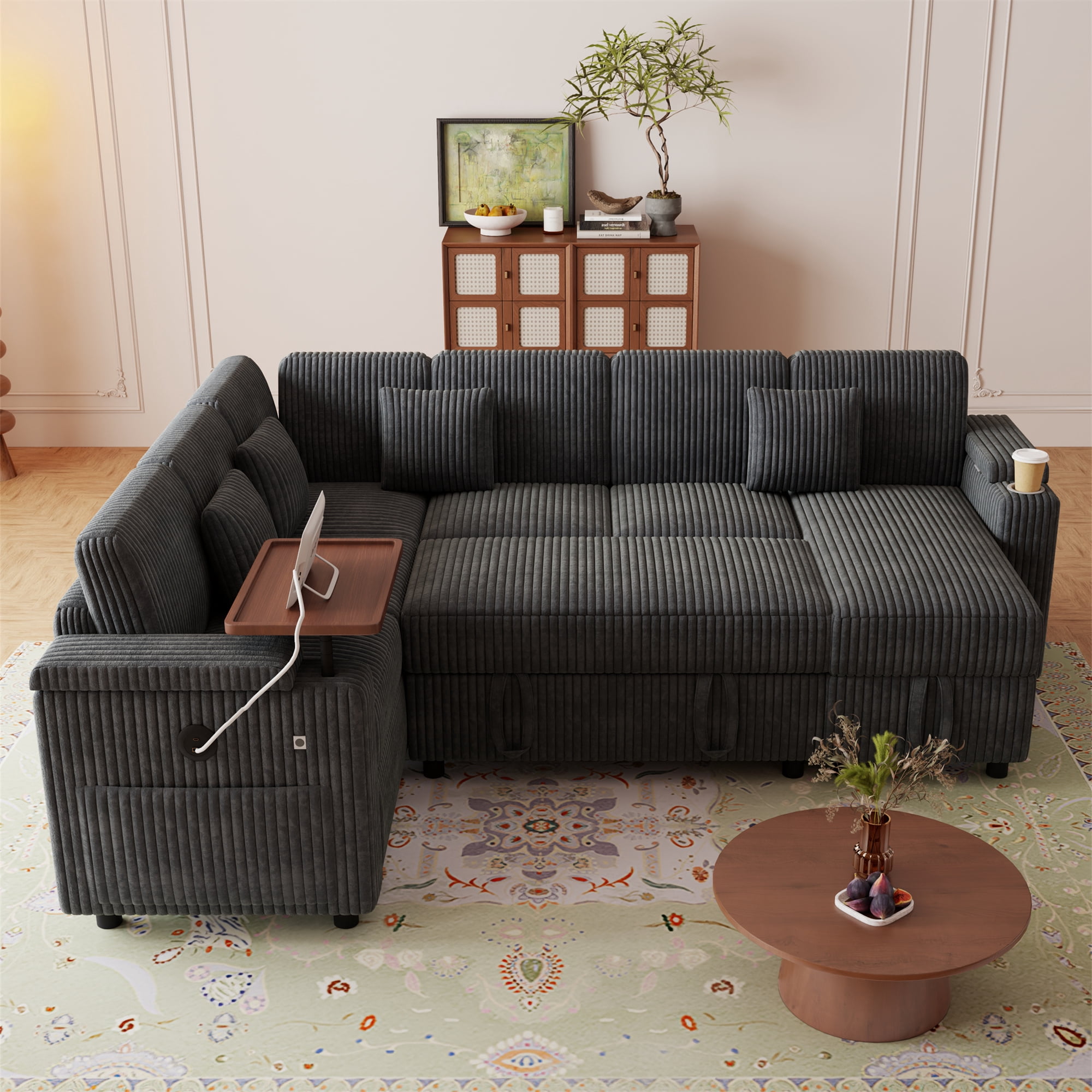 Aukfa 100" U Shape Convertible Sectional Sleeper Sofa Bed with USB/Type-C Port/Side Table/Storage Chaise/Cup Holder, 7 Seat Modular Sofa, Corduroy, Dark Gray