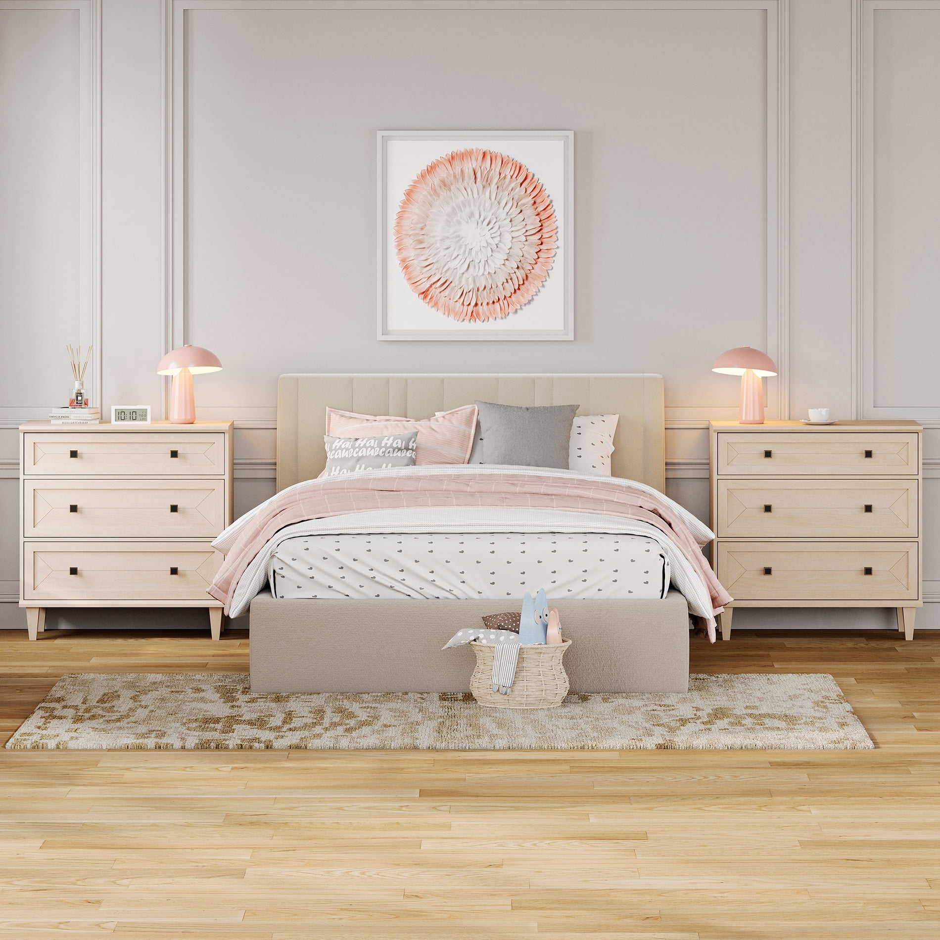 WAMPAT Handmade Patchwork Set of 2 3-Drawer Nightstands, Beige