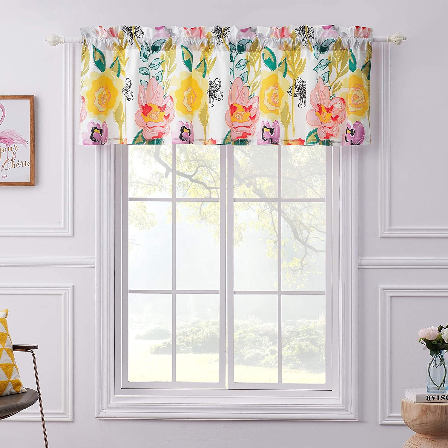 Global Trends Wildflower Delight Modern Floral Extra Wide Window Valance, 84 W x 19 L inches, White