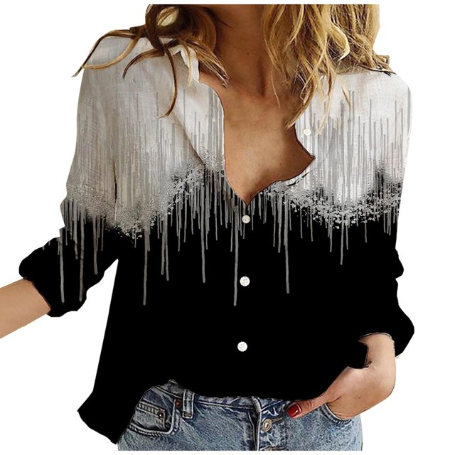 Penkiiy Women Button Down Business Work Blouses Tops Dressy Casual Chiffon Long Cuffed Sleeve Printed V Neck Tunic Shirts Black for S