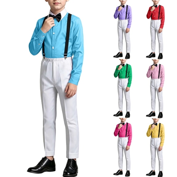 Bovxnpu Boys Performence Outfits Boys Summer Long Sleeve Dress Shirt 3 Piece Bow Tied Suspender Outfits