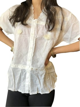 Mogul Women White Retro Shirt, Button Front Blouse Casual Handmade Bohemian Summer Cotton Tops M