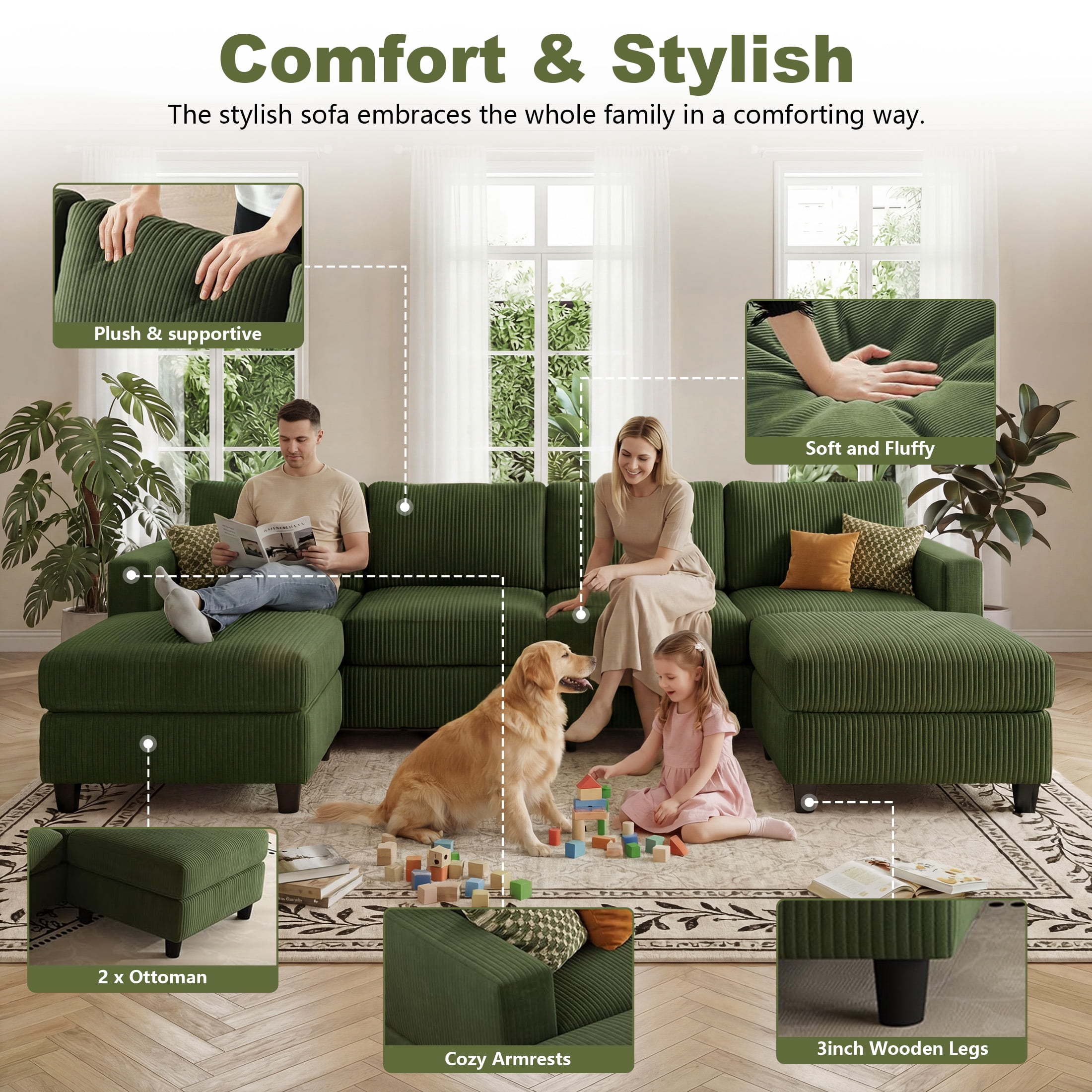 Aukfa 101" Corduroy U-Shaped Sectional Sofa with 2 Ottomans, 6-Seater Cloud Couch, Green