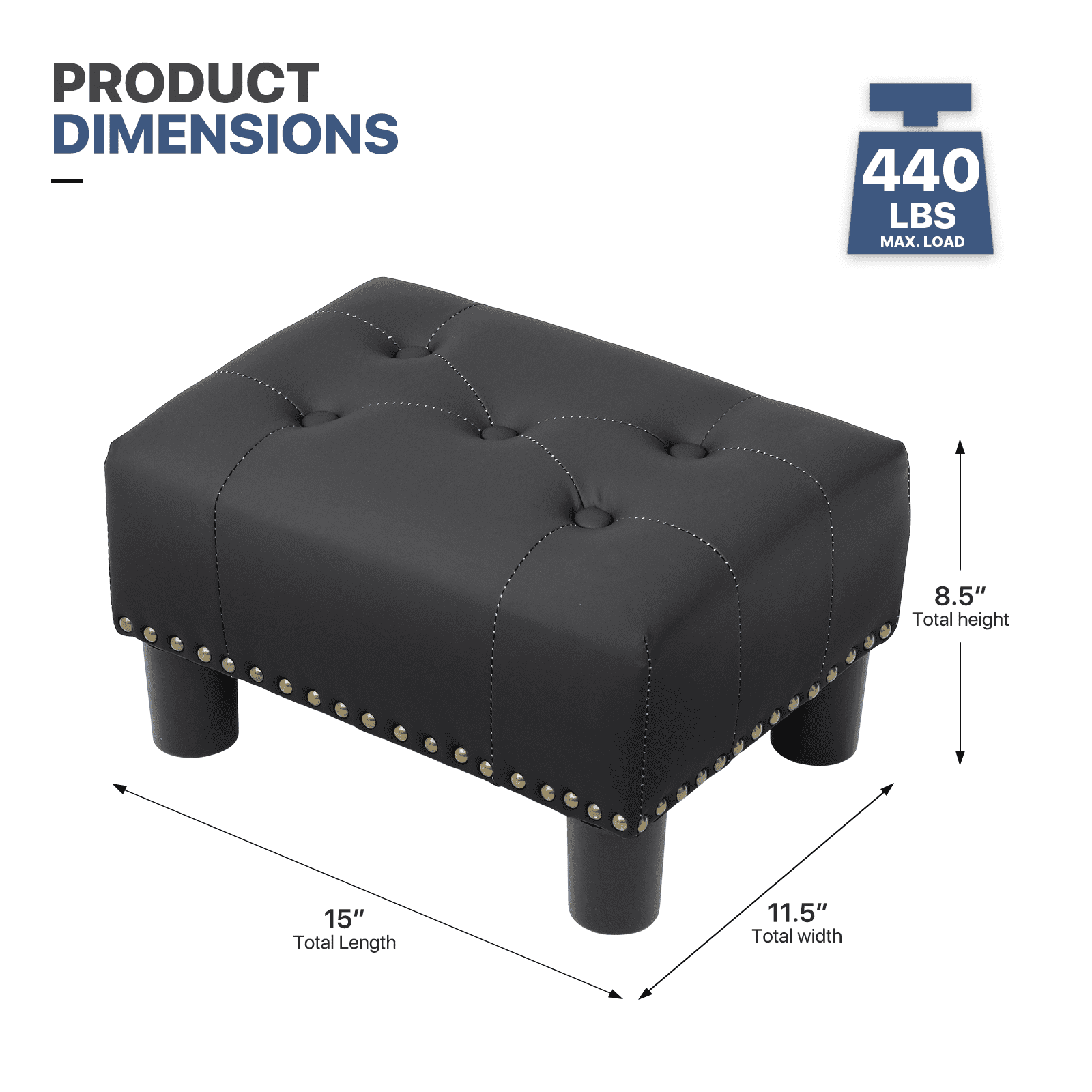 MoNiBloom Footstool Ottoman with Padded Seat, Modern PU Leather Footrest, Rectangular Seat Stool, Black