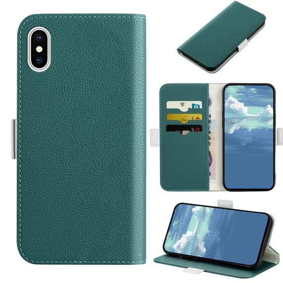 Allytech Wallet Phone Case For iPhone XS/iPhone X, Candy Color PU Leather ID Cash Credit Card Slots Holder Magnetic Folio Flip Kickstand Cover,Green