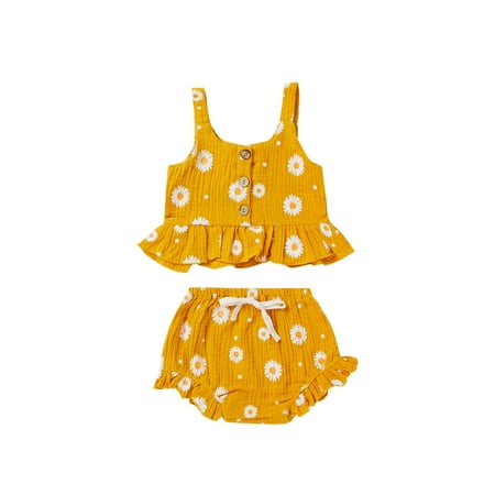 

EYIIYE Girl Summer Daisy Printed Sleeveless Ruffled Hem Tops and Triangle Shorts 6 Months-5 Years