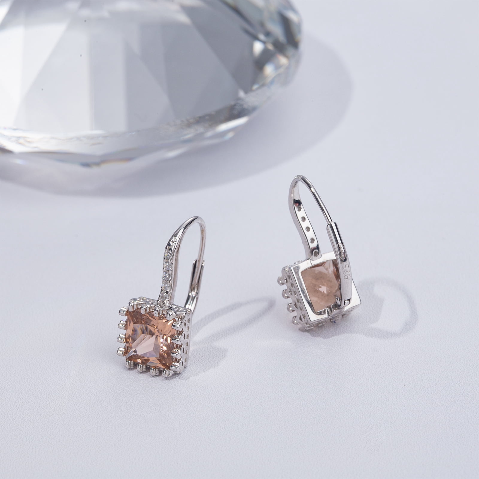 925 Sterling Silver Lever Back Earrings with Princess Cut Cubic Zirconia for Women