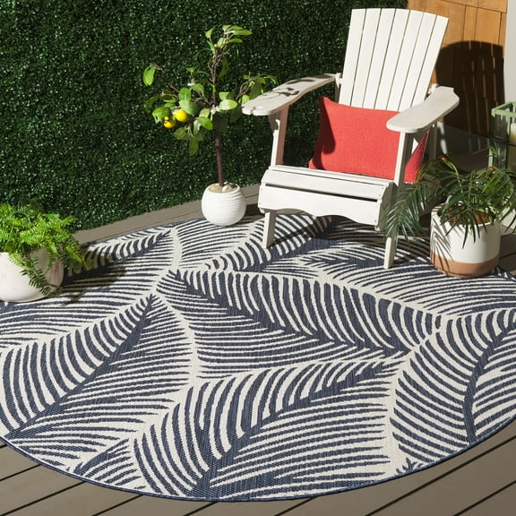 SAFAVIEH Beach House Aline Botanical Indoor/Outdoor Area Rug, Navy/Ivory, 6'7" x 6'7" Round