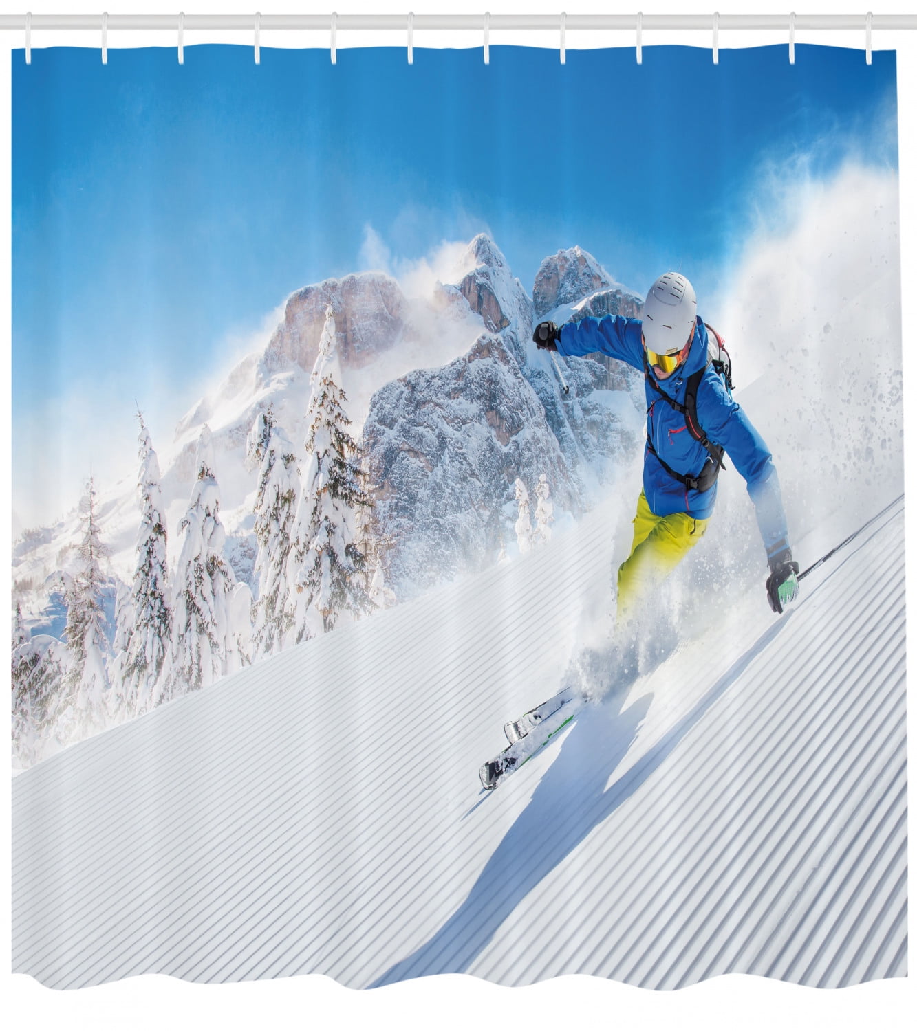 Winter Shower Curtain, Skier Skiing Downhill in High Mountains Extreme