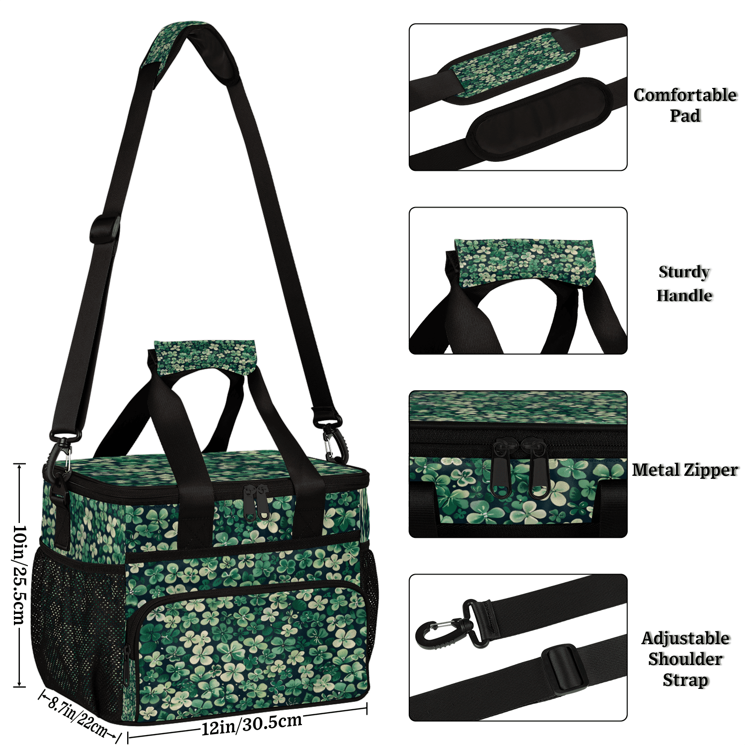 Herdesigns Happy St Patrick's Day Shamrocks Floral Leaves Large Lunch Box for Adults Women Men with Adjustable Shoulder Strap, Insulated Reusable Lunch Bag Leakproof Cooler Tote Bag