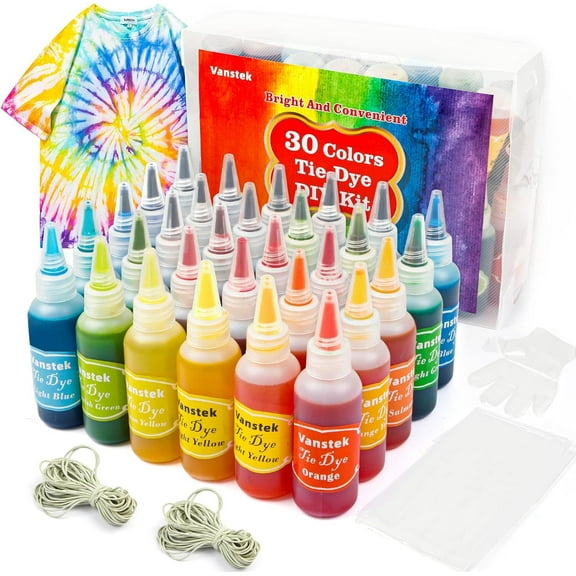 Vanstek 30 Colors Tie Dye Kit, Tie Dye Shirt Fabric Dye for Women, Kids, Men, with Rubber Bands, Gloves, Plastic Film and Table Covers for Family Friends Groups Party Supplies