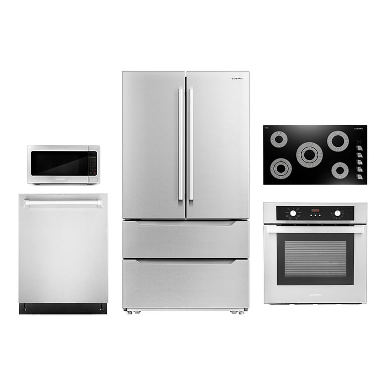 Cosmo 5 Piece Kitchen Appliance Package With 36 Electric Cooktop 24  Single Electric Wall Oven 17.3 Countertop Microwave French Door  Refrigerator 