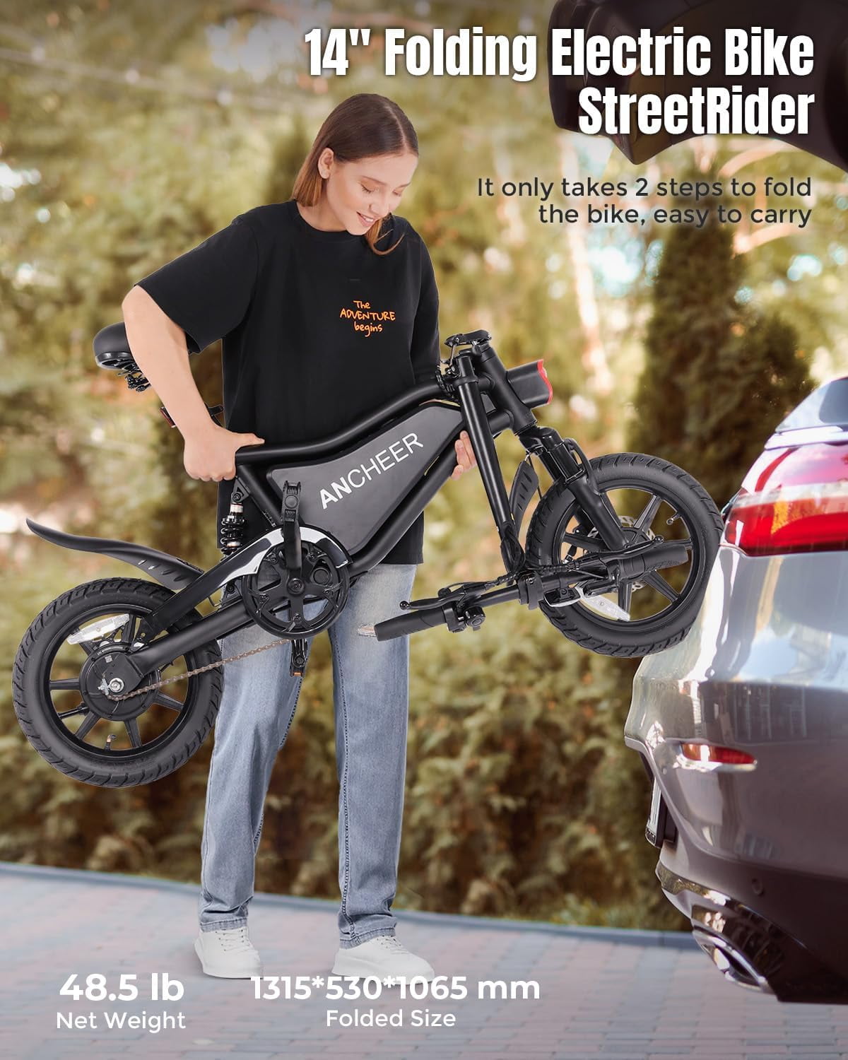 ANCHEER Peak 500W Electric Bike for Adults, Foldable Electric Bikes with 48V 374Wh Battery, 14" Electric Bicycle for Men Women, LCD Digital Display, Cruise Control Ebikes, Dual Suspension Fork UL2849
