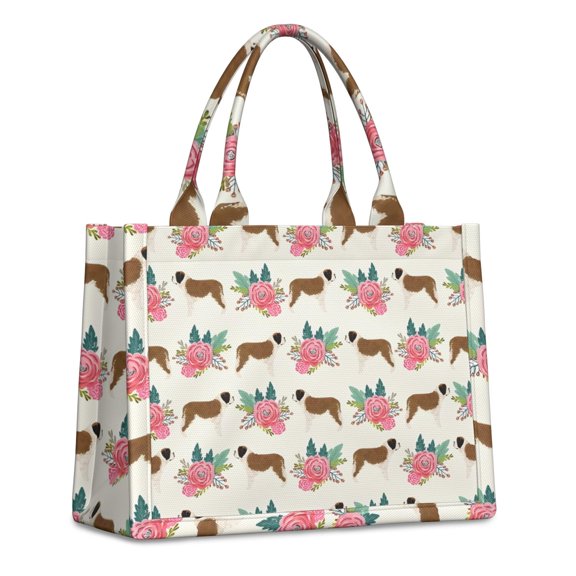 Large Capacity Tote Bag,Saint Bernard Dog Breed and Flower Floral Handbag Fashion Luxury Tote Bag,15.7"x13"x 5.1" Inches,Laptop Compatible
