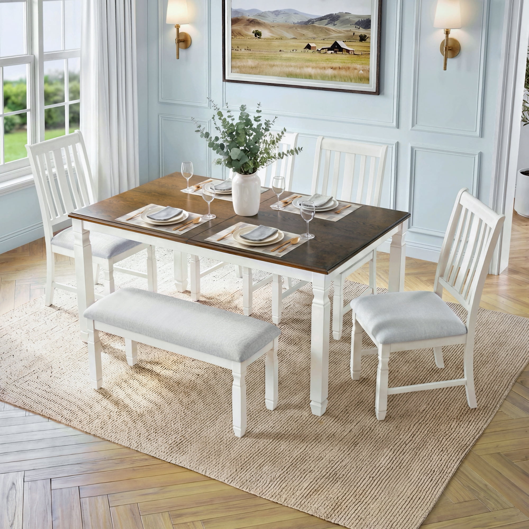 6-Piece Dining Table Set for 4, 77" Extendable Dining Table with 4 Upholstered Chairs and 1 Bench