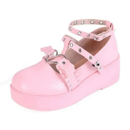 CHOII Sweet Mary Jane Wedge Heel Thick-soled Small Leather Dress Shoes Cute Party School Shoes for Girl Elegant Shoes for Ladies PU Leather Lace Up Ankle Strap Sandals for Women Clearance! Pink/8.5