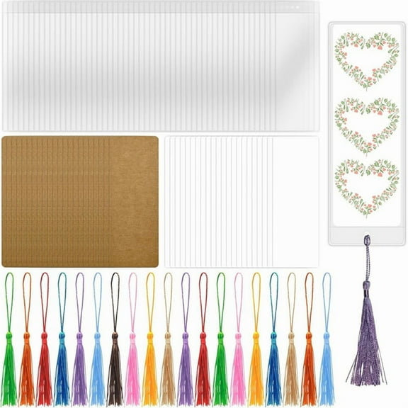 50 Sets Blank Bookmark Making Kit, 50 Paper Bookmark Blanks, 50 Colorful Bookmark Tassels, 50 Clear Bookmark Sleeves
