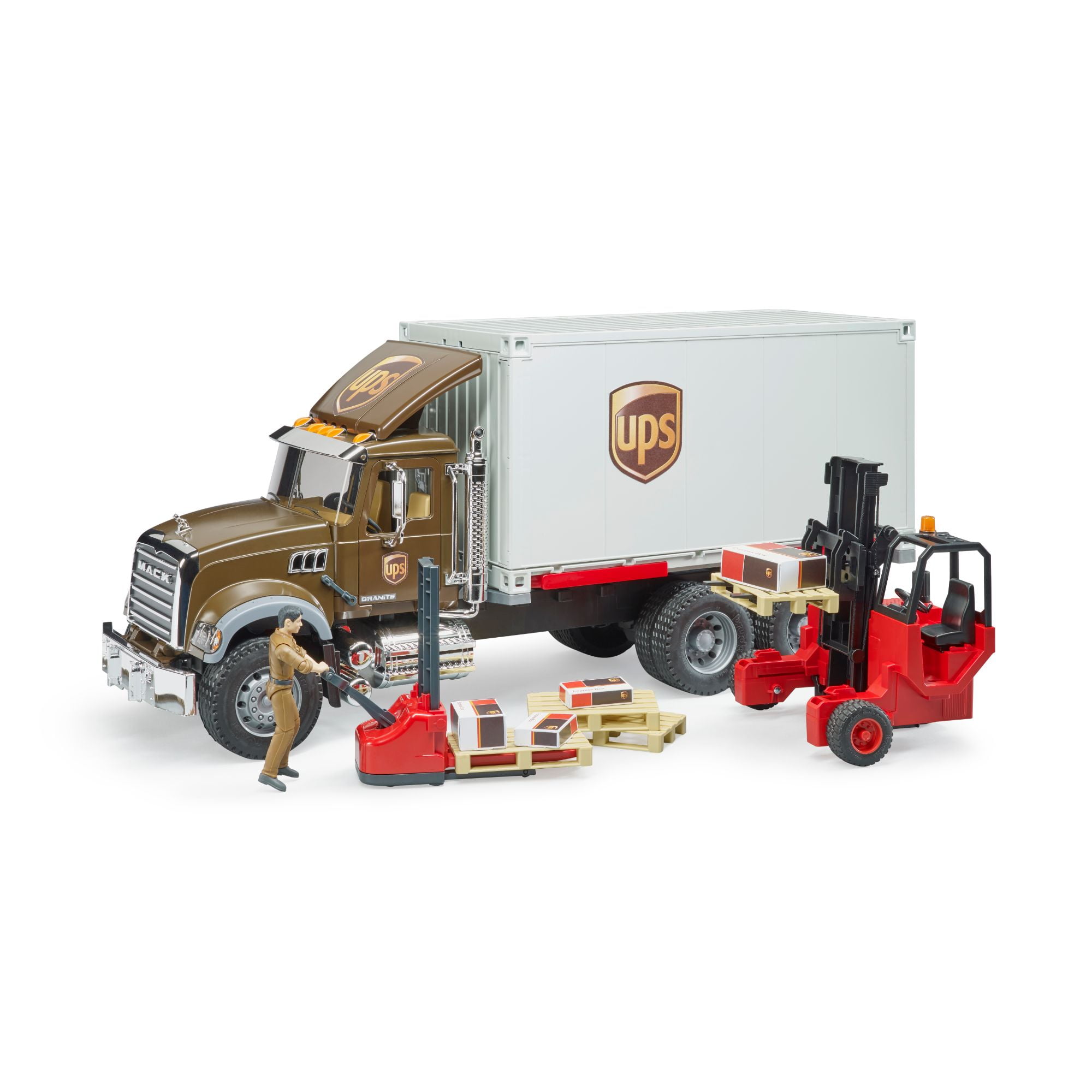 Bruder Mack Granite Ups Logistics Truck & Forklift Kids Childrens Toy Scale 1:16 