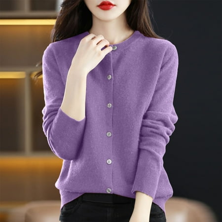 AUNVITO Womens Fall Fashion 2024 Women s Solid Long Sleeved Round Neck Knitted Sweater Thin Cardigan Sweater Top