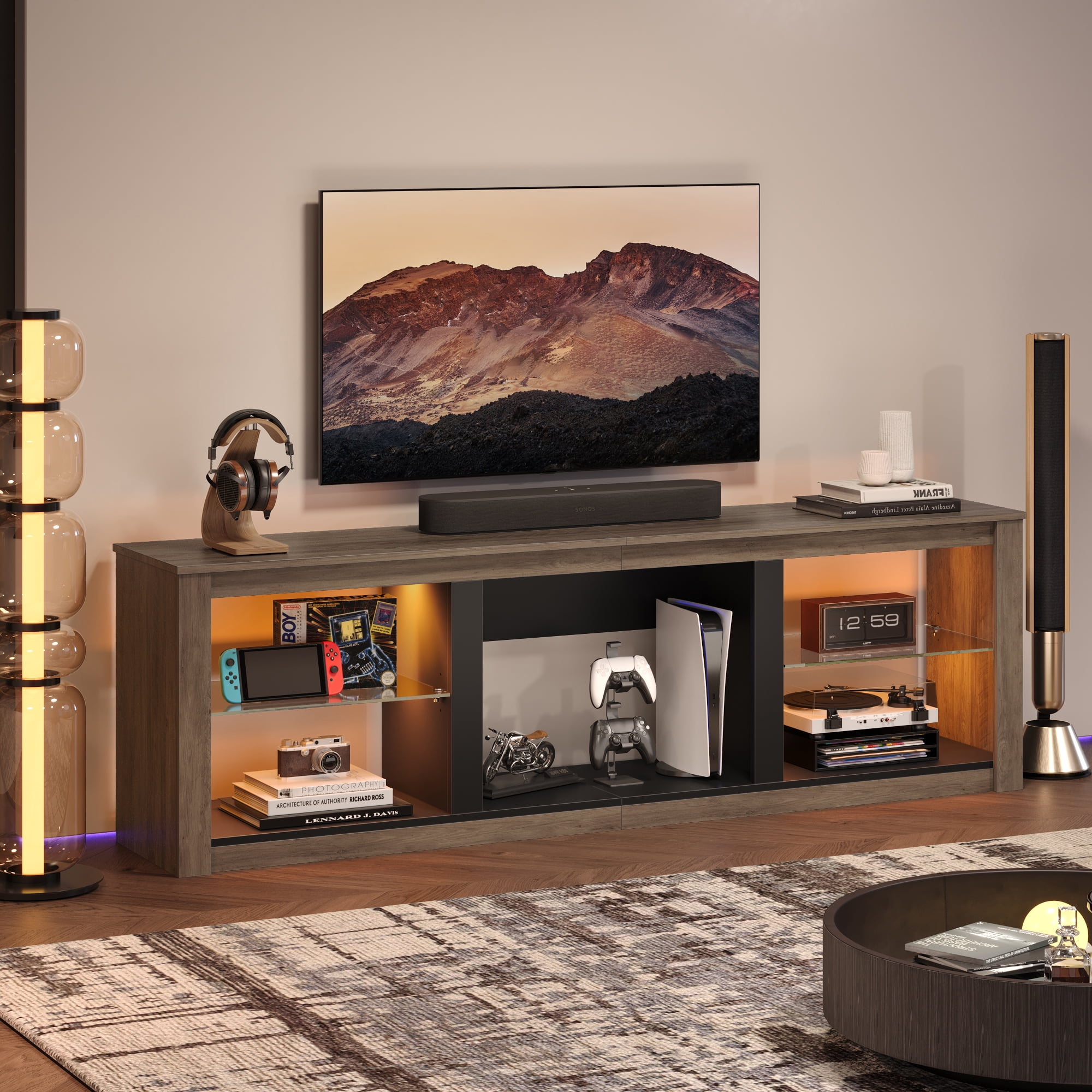 Bestier TV Stand for 75" TV, Gaming Entertainment Center with Remote Controlled RGB LED Light, Adjustable Glass Shelves, Modern Media Console Table with Open Storage for Living Room, Wash Gray