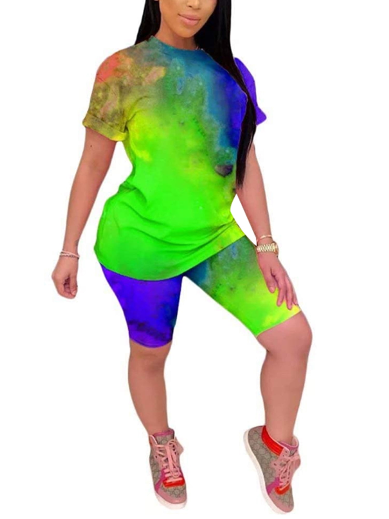Details about / 2 Piece Sets Women Gradient Homewear Tshirt Biker Shorts Sleepwear Pajamas