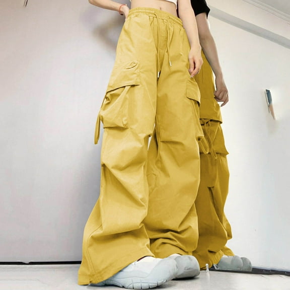 CQONEPT Womens Cargo Pants Casual Baggy Elastic Waisted Pants Drawstring Fall Fashion Trousers with Multi Pockets Yellow 2XL